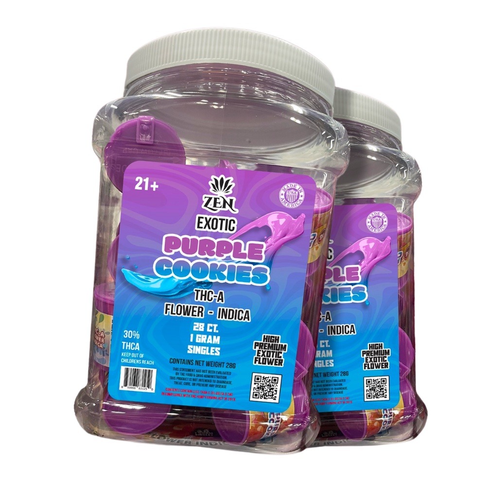 Zen Exotic THCA Flower — Purple Cookies (Indica) — 1 Gram Singles, 28 Count